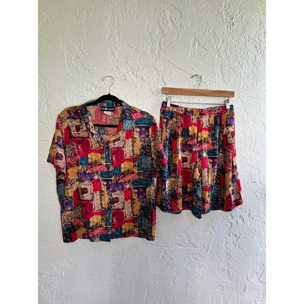 Vintage Sag Harbor 2 Piece Shorts Set‎ Abstract Patchwork Print Size M